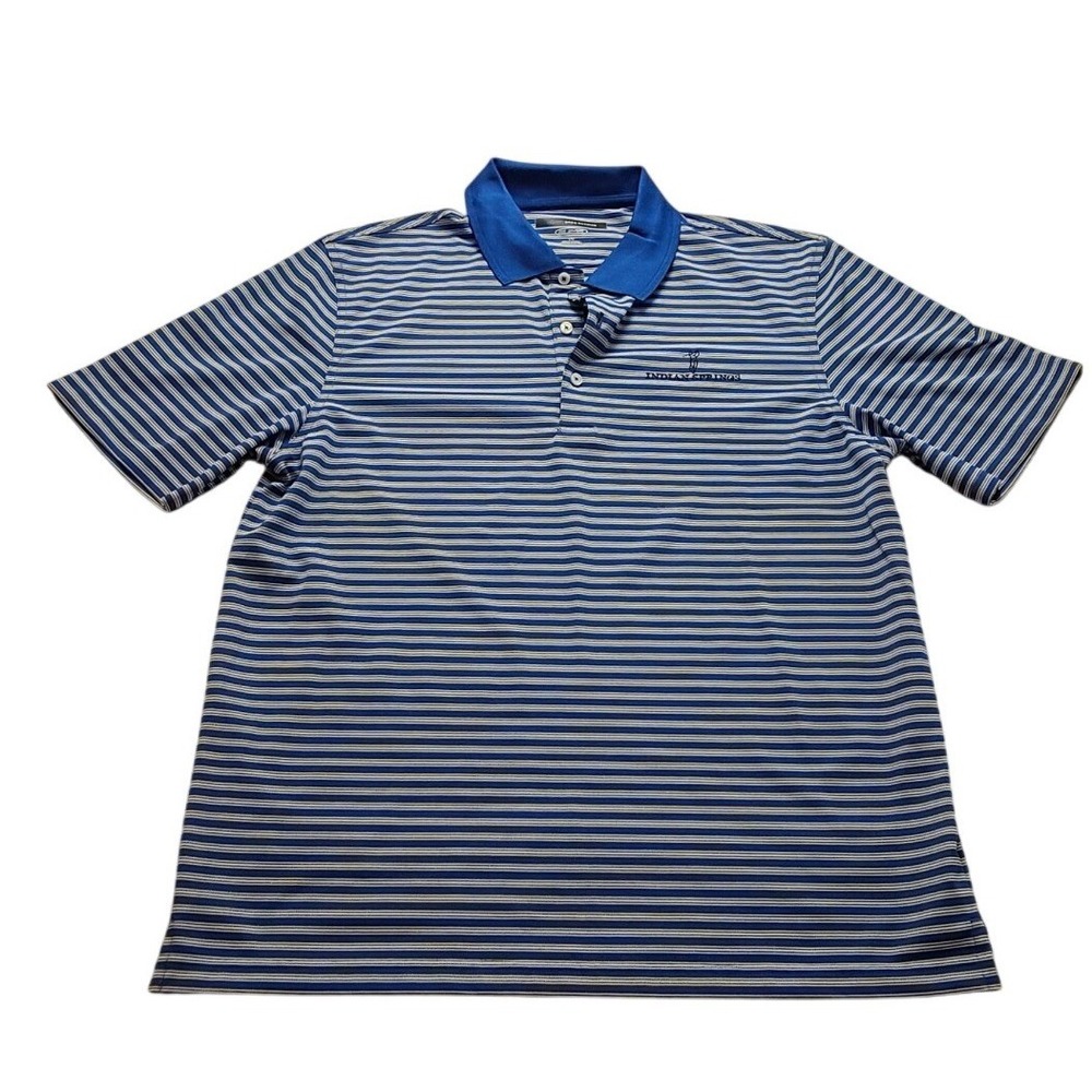 Greg Norman Play Dry Men Large Blue White Striped Golf Polo Shirt Indian Springs